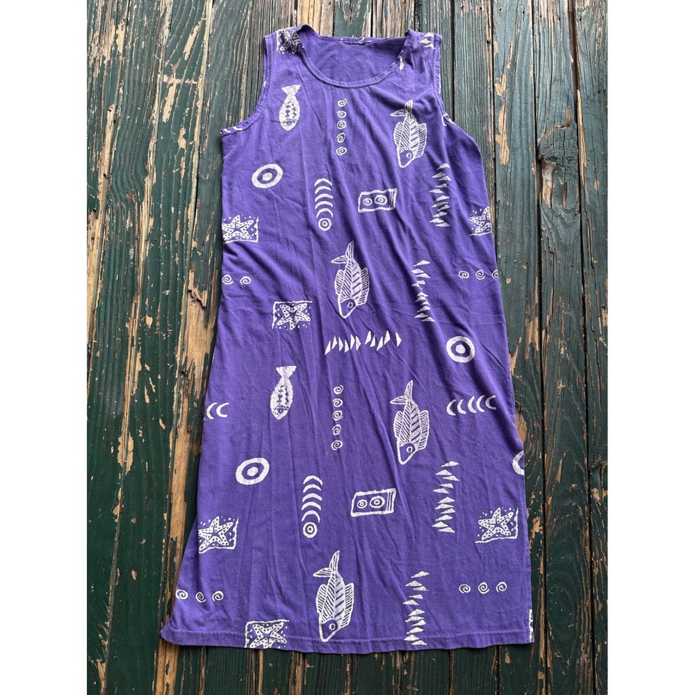 Vintage Purple Fish Starfish Print Sleeveless Maxi Tank Dress Purple White M144
